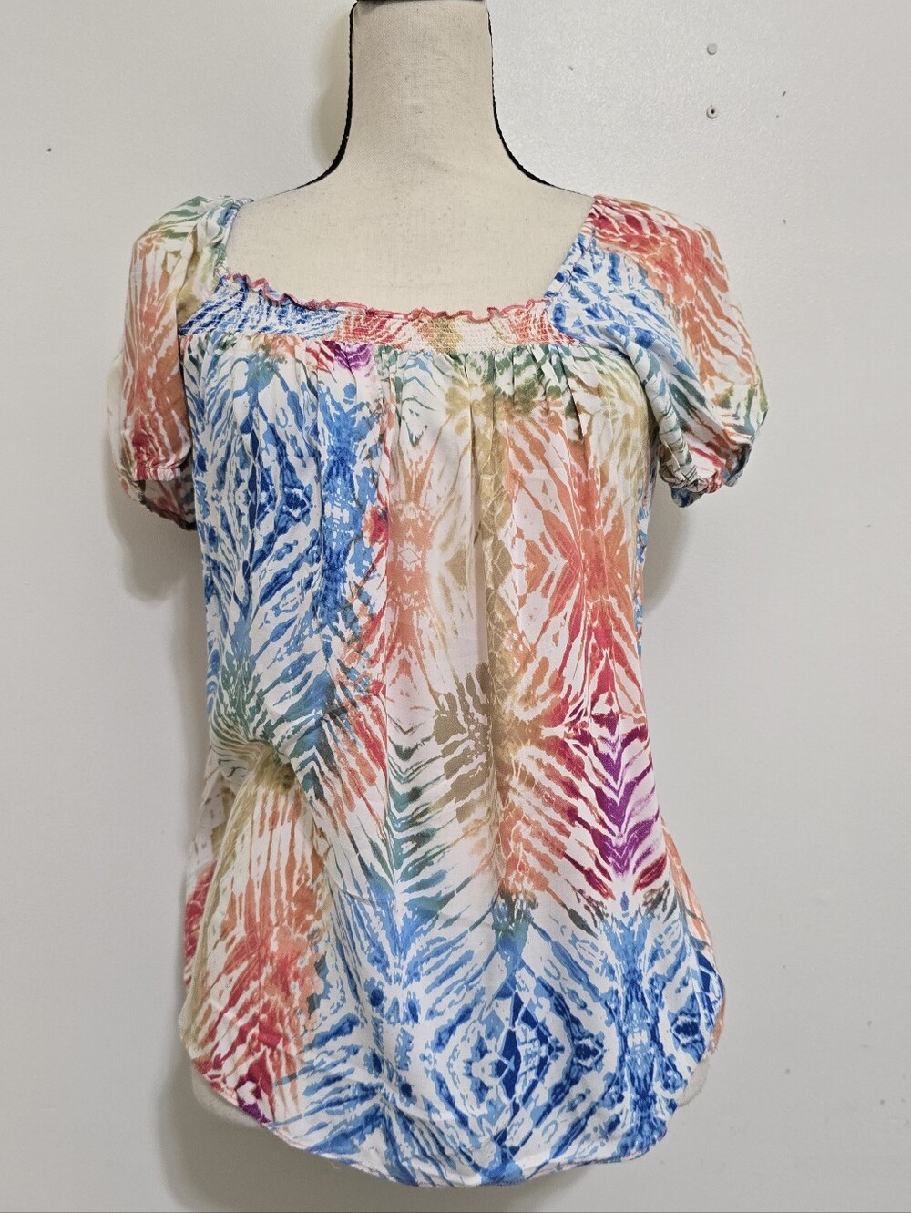 SPENSE size Small Short Sleeve Tie Dye‎ Smock Neck Peasant Top White Multicolor